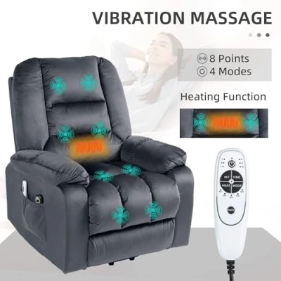 Image of HOMCOM Riser and Recliner Chair for the Elderly, Quick Assembly, Fabric Overstuffed Lift with Vibration Massage Heat, Remote Control, Side Pockets, Grey