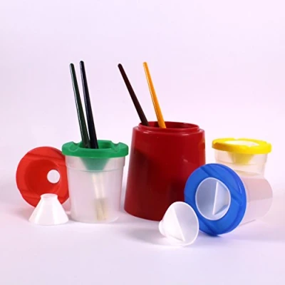 Image of Plastic Small &amp; Large Non Spill Water Cup Paint Pot Set with 4 Brushes Kids Art Painting by BCreative ®