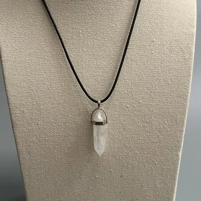 Image of VIE Double Point Pencil Pendant, Black String (Aura Quartz)