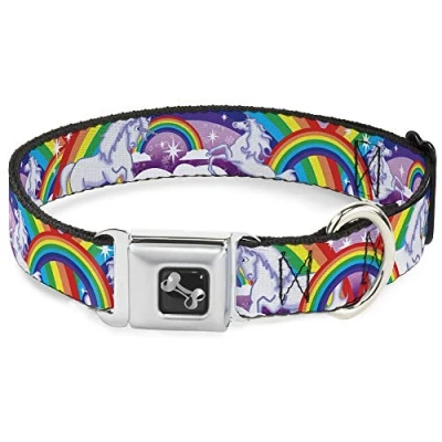 Image of Buckle Down Seatbelt Dog Collar Unicorns in Rainbows w/Sparkles/Purple 1.5&quot; Wide Fits 16 23&quot; Neck Medium