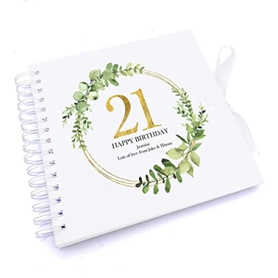 Image of Personalised 21st Birthday Gift for her Scrapbook Photo Album Gold Wreath Design