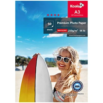 Image of KOALA Glossy Photo Paper A3 Size 297x420mm 250gsm 50 Sheets with Premium High Advanced Resin Coated for Canon Hp Epson Inkjet Printer