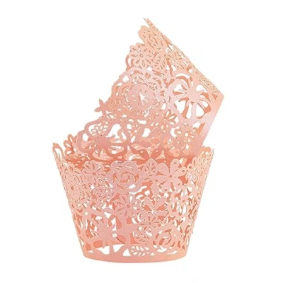 Image of Cupcake Wrappers Lace Figure Liners Laser Cut Papers Muffin Cups for Christmas/Wedding/Birthday Party Decoration, 50pcs (Pink)