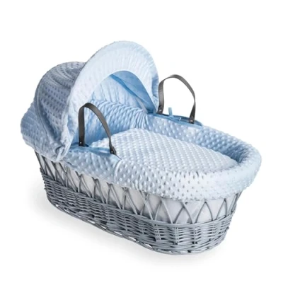 Image of Clair de Lune Dimple Grey Wicker Moses Basket with Bedding 68 x 30 cm (Blue)