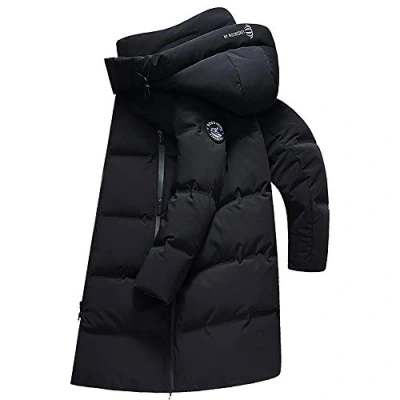 Image of AKT Winter Hooded Down Jacket Men&#039;s Thick Youth Casual Long Stretch Coat,Black,170/M