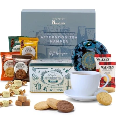 Image of Hattie&#039;s Gifts Afternoon Tea Hamper for 2 with Clotted Cream Fudge, Shortbread Biscuits and Jams Christmas Food Hamper, Hampers &amp; Gourmet Couple, Friends, Family