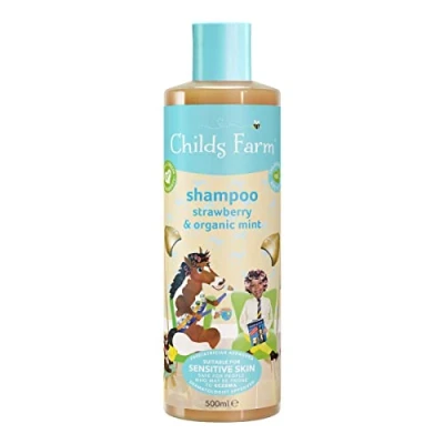 Image of Childs Farm Kids Shampoo, Strawberry and Organic Mint, All Hair Types, Detangles Nourishes, Suitable for Dry, Sensitive Eczema prone Skin Scalp, 500 ml