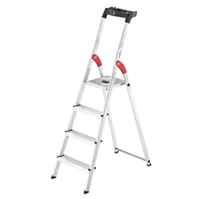 Image of Hailo 8160 407 L60 safety ladder, 4 steps, multifunction tray, hinge protection, made in Germany
