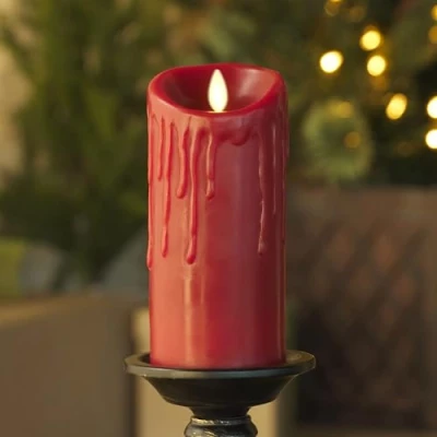 Image of Luminara Burgundy Wax Drip Flameless Candle LED Battery Operated Moving Flame Lights Pillar Unscented Real with Dripped Edge, Timer (3 x 6.5 inch)