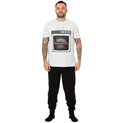 Image of Marvel WandaVision Mens Pyjamas Adults Distressed Loungewear Pants &amp; White T Shirt PJ Set Phase 4 Logo Nightwear Bundle Long Leg Pajama Bottoms Superhero Merchandise Gift for Him