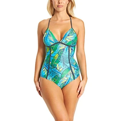 Image of Zoggs Women Corsica T Tie Back Eco Fabric One Piece Swimsuit Turquoise/Multi Coloured, 32 Inch/Size 8