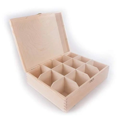 Image of Wooden Box with 12 Sections &amp; Clasp 28.5 x 22.5 8 cm Accessories Storage Case Tea Bag Sewing Jewellery Caddy Organiser Divided Compartments Natural Unpainted Untreated Decorative Wood