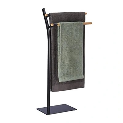Image of Relaxdays Free Towel Holder, HxWxD: 83.5 x 51.5 20cm, 2 Rails, Drying Stand, Rubberwood &amp; Steel, Black/Brown, 80% 20% Wood