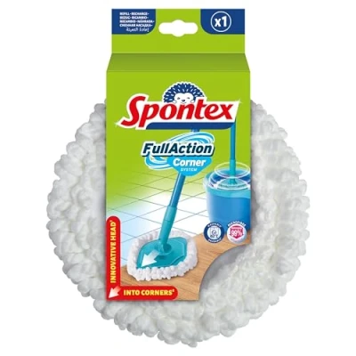 Image of Spontex Full Action Corner System Spin Mop Head Refill Reaches Tight Corners Easy 360 Wringing &amp; Rinsing Cleans Laminate, Wood Tile Flooring