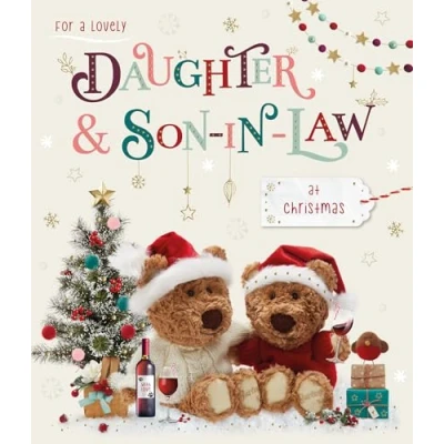 Image of Daughter and Son in Law Christmas Card Special Finishes Illustrated Insert Leaf Cute Festive Design Teddy Bears Wine Made the UK Eco Friendly