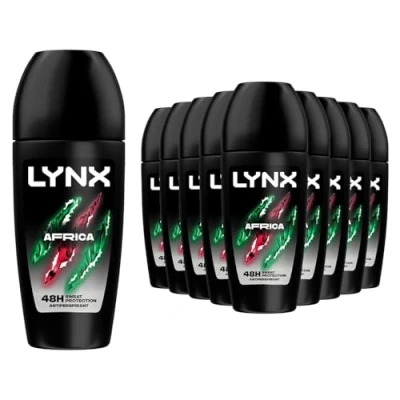 Image of Lynx Africa Roll On 48 Hours Anti Sweat Faster Drying Perspirant with Long Lasting and Odour Protection Travel Size Deodorant for Men All Skin Types, 50ml Pack of 12