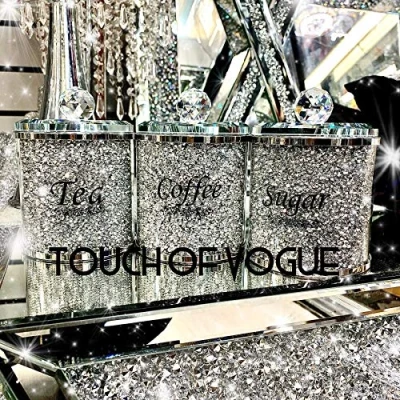 Image of TOV® Set of 3 Tea Coffee Sugar Canisters Silver Crystal Filled