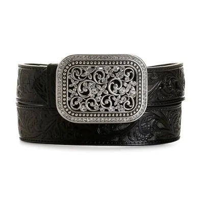 Image of Ariat Black Tooled Belt with Rhinestone Buckle, Black, Medium