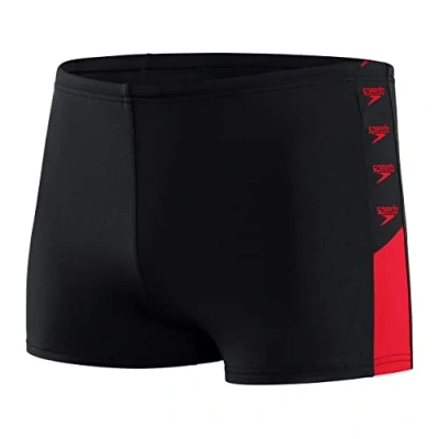Image of Speedo Men&#039;s Boom Logo Splice Aquashort, Black/Fed Red, 40
