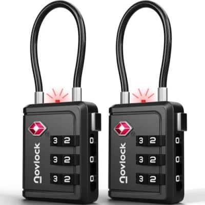 Image of TSA Approved Luggage Locks with Alert Indicator Travel Padlocks Flexible Cables for Suitcases, Backpacks, Carry On Bags &amp; More Suitcase Locks, 2 Pack, Black