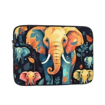 Image of Colorful Elephant and Leaf Print Laptop Case 13 inch Shockproof Protective Notebook Bag Water Resistant Sleeve