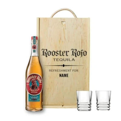 Image of Personalised Rooster Rojo Tequila Gift Set with Shot Glasses Alcohol Present for Men or Women Engraved Wooden Box Bottle 70cl (38% ABV) Margarita, Cointreau, Idea