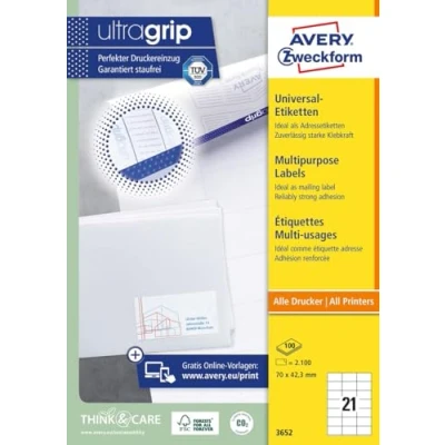 Image of Avery Zweckform 3652 Address Labels A4 Matte Paper 2,100 70 x 42.3 mm Pack of 100 Sheets White