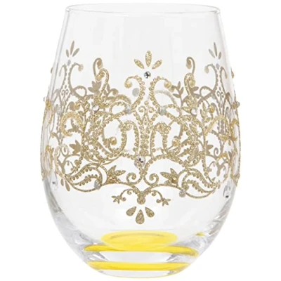 Image of Hand Painted Gold Regal Damask Pattern Stemless Wine Glass, 530ml, Gift Boxed