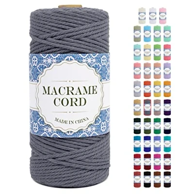 Image of Uiopa Macrame Cord 3mm x 100m Natural Cotton Rope Thick Yarn, 4 Strand Twisted String for Plant Hanger, Wall Hanging, Gift Wrapping, DIY Crafts, Knitting (Gray)