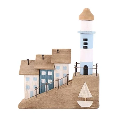 Image of Shabby Chic Wooden Seaside/Harbour Lighthouse Ornament/Decoration on Plinth Natural, Blue, White, Green 23.5 cm