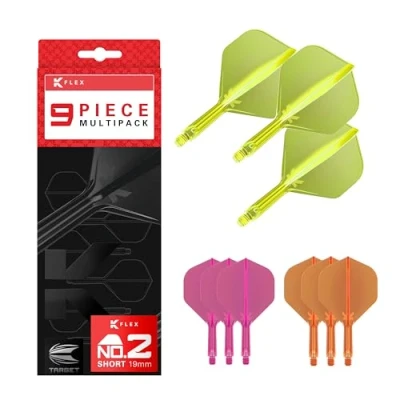 Image of TARGET Darts K Flex Integrated Dart Flights and Shafts, Short Stem (19mm), No.2 Flight, 9 pack Bundle, Neon Pink, Orange &amp; Yellow