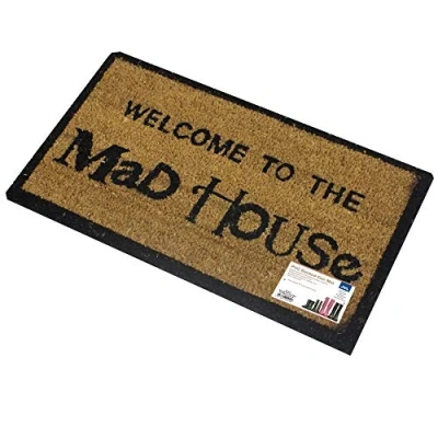 Image of JVL Novelty PVC Backed Coir Mad House Entrance Door Mat, Vinyl, Brown, 33 x 60 cm