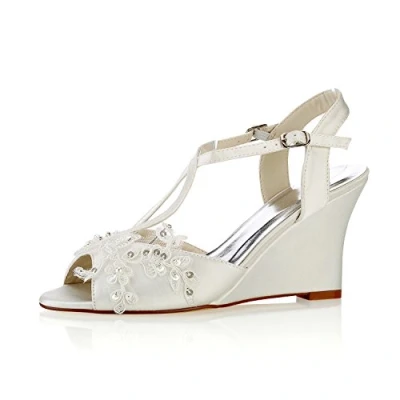 Image of Emily Bridal Lace Wedding Shoes Ivory Peep Toe Flowers Detail Wedge Ankle Strap (EU38/UK5, Ivory)