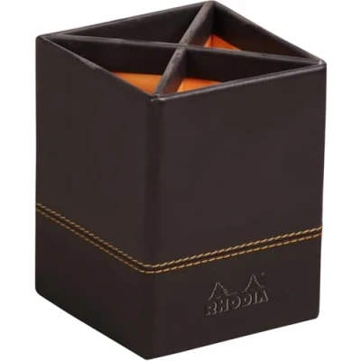 Image of RHODIA 118816C Black Pencil Holder 8x8x11 cm Orange Saddle Stitching Faux Leather Exterior Rhodiarama Home Office Collection Organization &amp; Design Storage