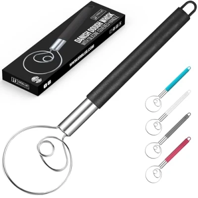 Image of ORBLUE Danish Dough Whisk with Silicone Covered Handle, Stainless Steel Mixer, Black