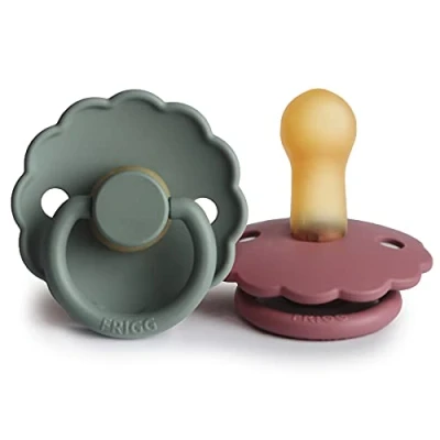 Image of FRIGG Daisy Latex Pacifier Pack of 2 Natural Rubber Soother Dummy BPA Free Made in Denmark Symmetrical Cherry Shaped Nipple (Cedar/Lily Pad, Size (6 18 Months))