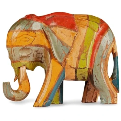Image of Hand Carved and Painted Wooden Elephant in a Rustic Style