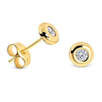 Image of Miore Gold Earrings for Women Solitaire Round Studs with White Zirconia Gems 0.40ct Made In Yellow 9ct 375, Ear Piercing Stud 5.5 x mm Jewellery Box