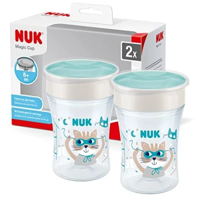 Image of NUK Magic Cup Drinking Cup, 8+ Months, 230 ml, Leak Proof 360 Rim, BPA Free, Grey, Pack of 2