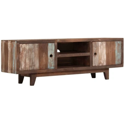 Image of vidaXL Vintage Solid Acacia Wood TV Cabinet Handcrafted Storage Unit with Cable Outlet Easy to Assemble Brown