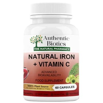 Image of Authentic Biotics 60 Natural Iron &amp; Vitamin C Capsules, High Strength from Curry Leaves, Amla, 100% Plant Based, Vegan Vegetarian, Free Fillers, Binders, and Additives (1)