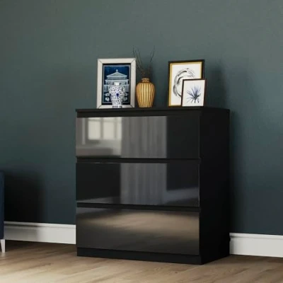 Image of Vida Designs 3 Drawer Chest for Clothes Closet Organizers and Storage Cabinet Hallway, Entryway (Black, High Gloss)