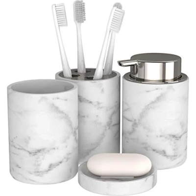 Image of bonVIVO Marmora Bathroom Accessory Set, 4 Piece Set in Marble Look/Silver, Luxury Accessories, Includes Soap Dish, Dispenser Pump, Tumbler, Toothbrush Holder silver