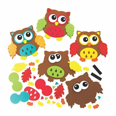Image of Baker Ross FE650 Autumn Owl Magnet Kits Pack of 8, Make Your Own Magnets, Decorations, Creative Activities for Kids,Yellow,Green,Red
