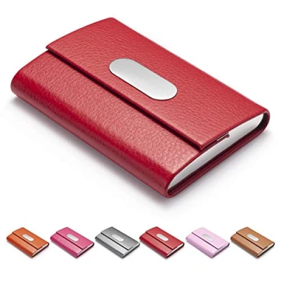 Image of FACATH Business Card Holder for Women, PU Leather &amp; Stainless Steel Name Wallet Credit Metal Pocket Carrier with Magnetic Shut Red