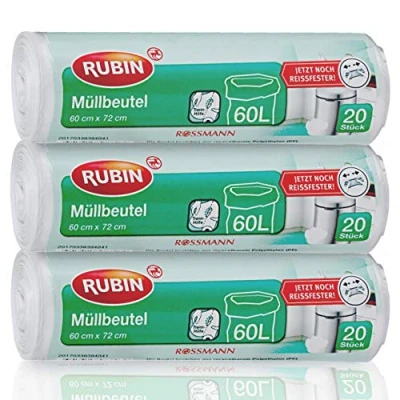 Image of Bin Liners, 60 Litres, Particularly Tear Resistant, Pack of 3, (3 x 20 Pieces) Made Recyclable Polyethylene (PE)