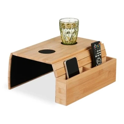 Image of Relaxdays Serving Tray, Armrest, Bamboo, 2 Storage Compartments, for Couch, HxWxD: 5.5 x 50 33.5 cm, Natural/Black
