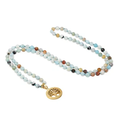 Image of COAI Tree of Life Necklace Faceted Amazonite 108 Mala Stone Beaded