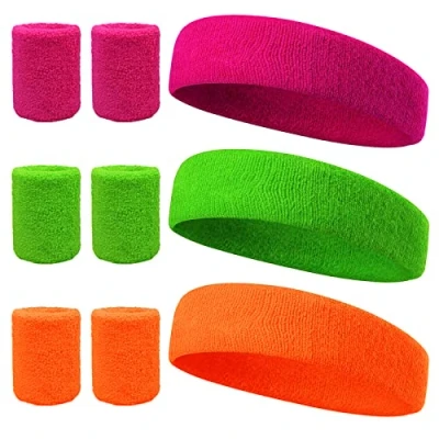 Image of LAMEK 9pcs Headband and Wristbands Set Neon 80s Party Sweatbands Kit Sports Sweatband Head Band Wrist Bands for Kids Women Men Fun Run Fancy Dress Costume World Book Boy Girl Accessories