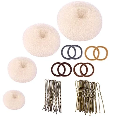 Image of Donut Hair Bun Maker Set, Zingso 4 Pcs Women Girls Accessories Ring Style Mesh Shaper Set with Elastic Bands, Pins for Dance Ballet Chignon (Blonde)